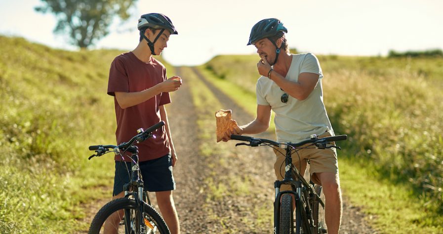 Snacking on macadamias while bike riding